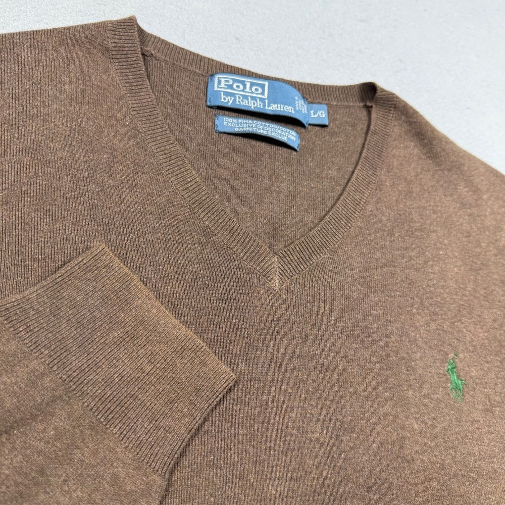 Polo Ralph Lauren Mens Brown V-Neck Pima Cotton Long Sleeve Sweater Large